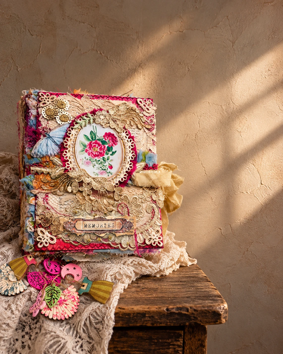 Handmade art journal layered with lace, gold trims, a rose medallion, a blue butterfly and a MEMORIES label, resting on a wooden stool in warm window light