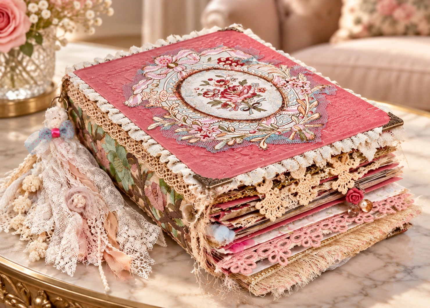Closed journal on a marble coffee table