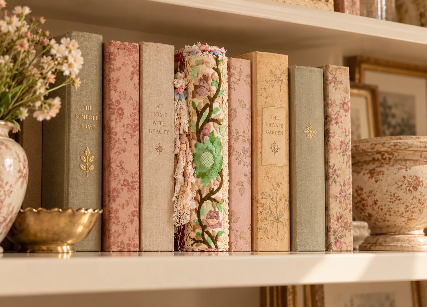 Journal stored spine-out on a bookshelf