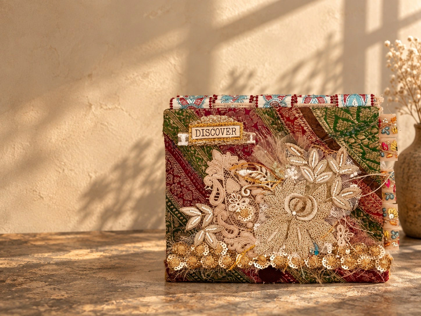 A handmade art journal with a green and burgundy silk cover, beaded cream lace flowers and a DISCOVER label, beside dried flowers in warm window light