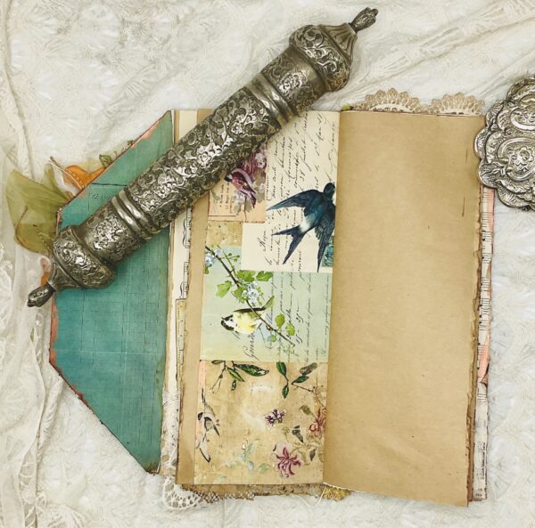 Vintage Bird-Themed Tall Junk Journal with Gold Embroidery Hardcover Trinketz 8