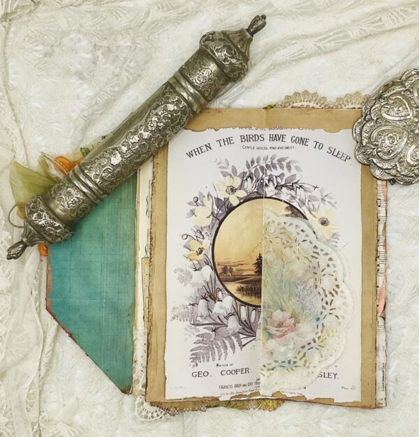 Vintage Bird-Themed Tall Junk Journal with Gold Embroidery Hardcover Trinketz 6